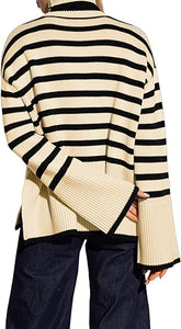 Fall Chic Striped Turtleneck Long Sleeve Beige Sweater