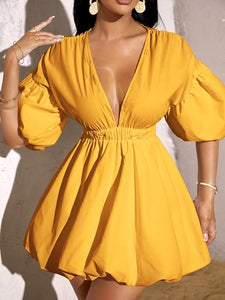 Sophisticated Yellow Puff Sleeve Deep V Mini Dress