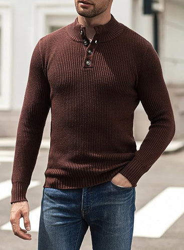 Men's Brown Knit Button Front Long Sleeve Turtleneck Sweater