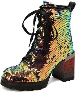 Lace Up Glitter Sequin 5.5cm-green Combat Boots