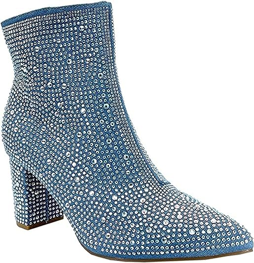 Rhinestone Studded Sequin Blue Denim Rhinestone Ankle Boots