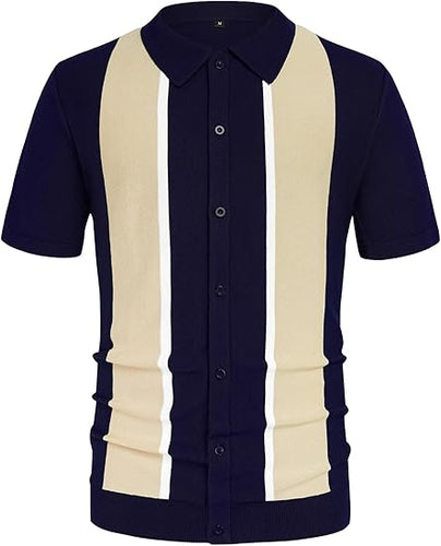 Men's Striped Knitted Short Sleeve Navy Shirt