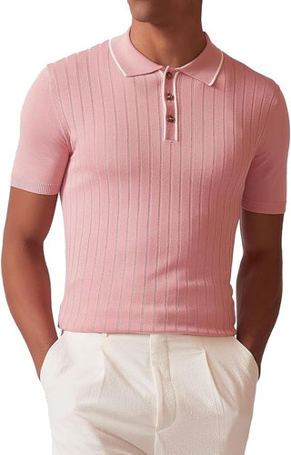 Men's Knit Collar Short Sleeve Striped Light Pink Shirt