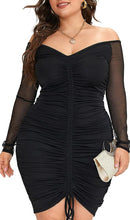 Load image into Gallery viewer, Plus Size Black Ruched Mesh Long Sleeve Mini Dress