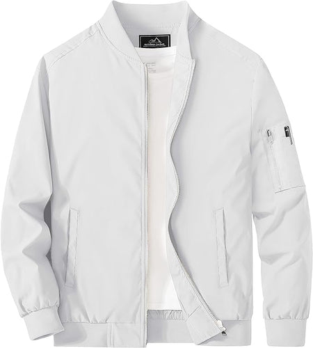 Men's White Windproof Long Sleeve Zip Up Bomber Jacket