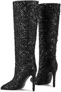 Black Sequin Sparkle Glitter Stiletto Boots