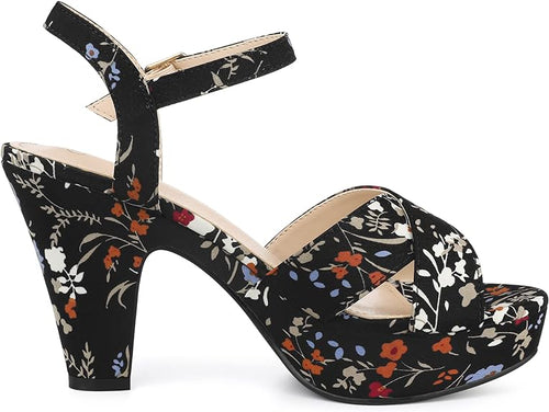 Black Floral Platform Heel Sling Back Sandals