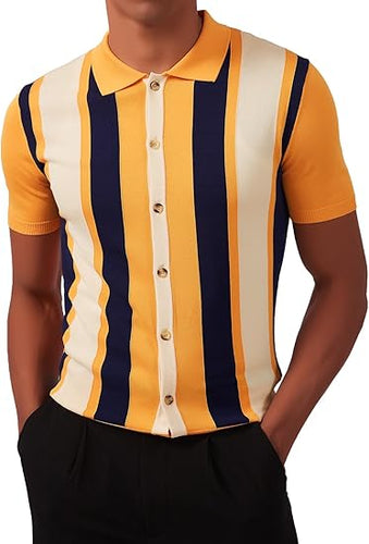 Men's Golf Style Striped Short Sleeve Yellow Shirt