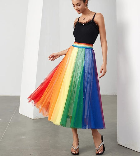 Prestigious Tulle Rainbow Pleated Flowy Maxi Skirt