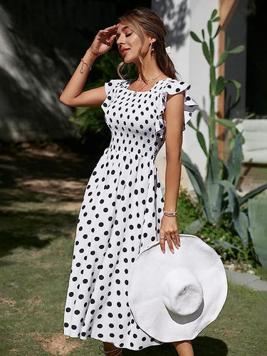 White Polkadot Ruffle Sleeve Maxi Dress