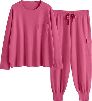 Winter Knit Coral Pink Cargo Jogger Sweatsuit Long Sleeve Top & Pants Set