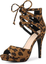 Load image into Gallery viewer, Leopard Gladiator Lace Up Open Toe Stiletto Heels