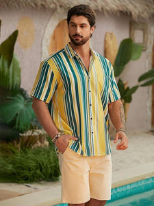 Men's Vacation Striped Summer Short Sleeve Beige Striped Shirt