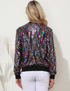 Multicolor Sequin Embellished Bomber Long Sleeve Jacket