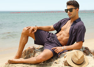 Casual Men's Blue Vacation Style Shirt & Shorts Set