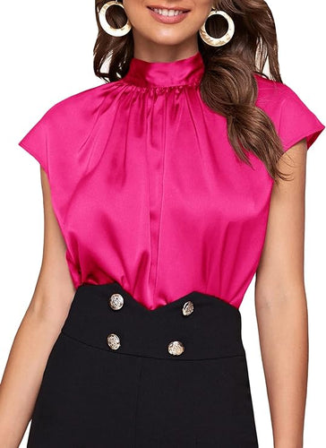 Satin Pink Mock Neck Sleeveless Tie Blouse