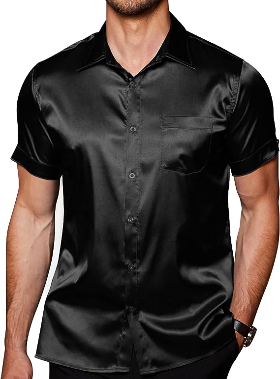Men's Satin Black Button Up Short Sleeve Shirt