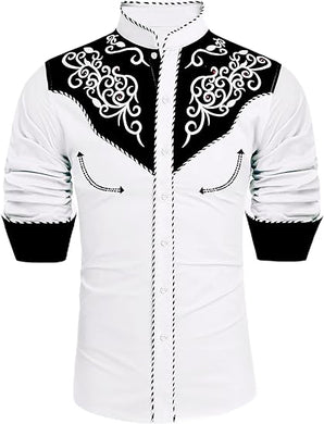 Men's White Western Cowboy Embroidered Long Sleeve Shirt