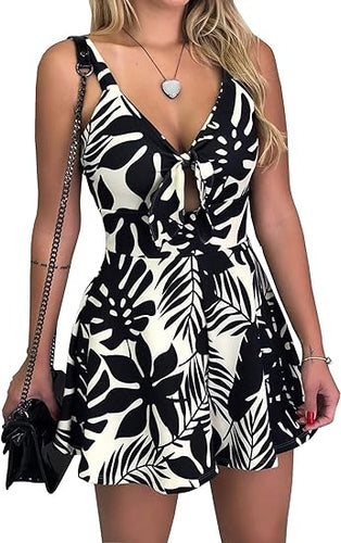 Floral Tie Knot Black Sleeveless Shorts Romper