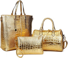 Load image into Gallery viewer, 3-PC Gold Crocodile Pattern Top Handle Bag Set