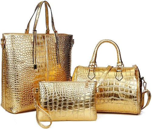 3-PC Gold Crocodile Pattern Top Handle Bag Set