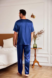 Men's Navy Blue Satin Silk Short Sleeve Shirt & Pants Pajamas Set