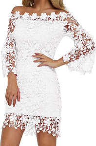 White Off Shoulder Embroidered Lace Mini Dress