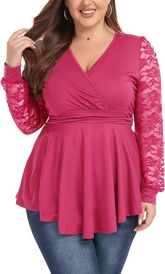 Plus Size Pink V Neck Lace Sleeve Peplum Knit Top