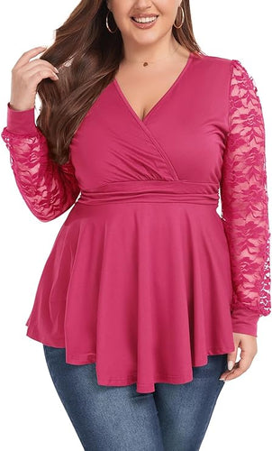 Plus Size Pink V Neck Lace Sleeve Peplum Knit Top