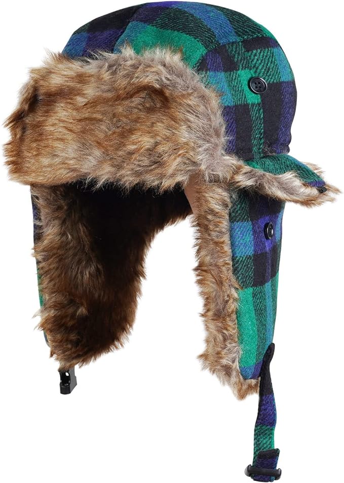 Green/Blue Faux Fur Lined Winter Trapper Hat