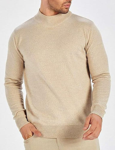 Men's Beige Soft Knit Mock Neck Long Sleeve Sweater