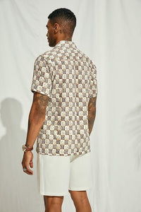 Men's Printed Button Up Short Sleeve Summer Brown Shirt