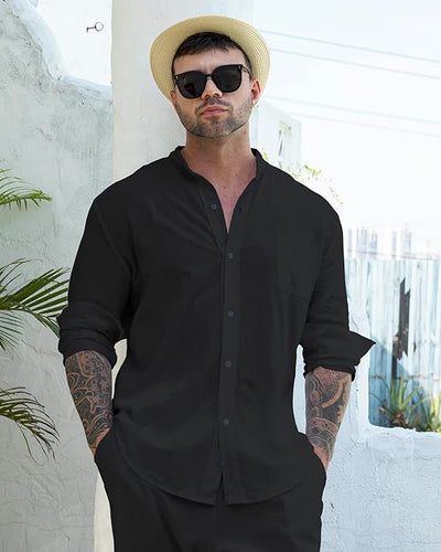 Men's Caribbean Black Linen Cotton Shirt & Pants Set