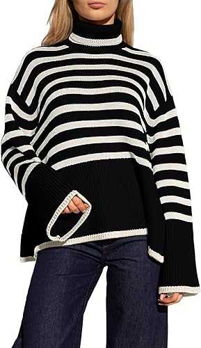 Fall Chic Striped Turtleneck Long Sleeve Black Sweater