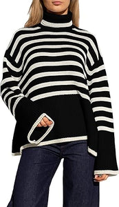 Fall Chic Striped Turtleneck Long Sleeve White Sweater