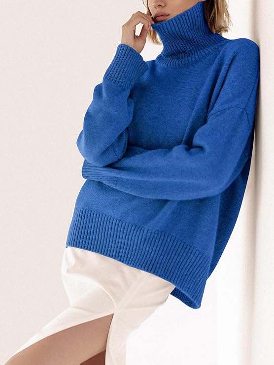 Fashionable Royal Blue Turtleneck Style Long Sleeve Sweater