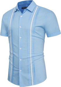 Men's Cuban Style Striped Short Sleeve Light Blue Shirt