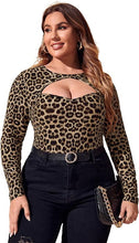 Load image into Gallery viewer, Plus Size Beige Leopard Cut Out Long Sleeve Top