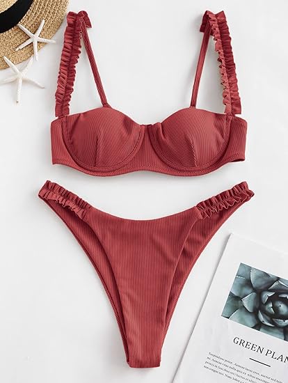 High Cut Underwire Bikini Chestnut Red Swimsuit Set