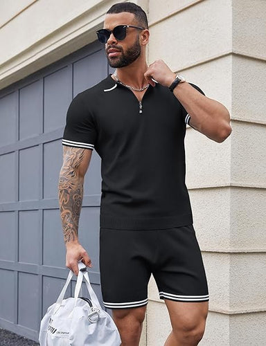 Men's Black Polo Style Shirt & Shorts Set