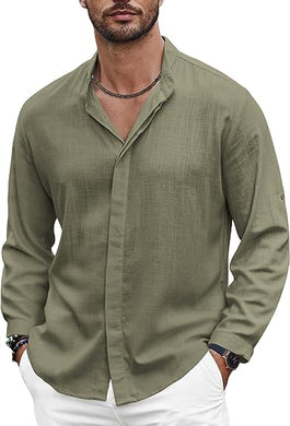 Men's Luxury Linen Deep Green Cotton Long Sleeve Shirt