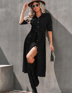 Fall Fashion Black Button Down Long Sleeve Belted Dress