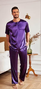 Men's Dark Green Satin Silk Short Sleeve Shirt & Pants Pajamas Set