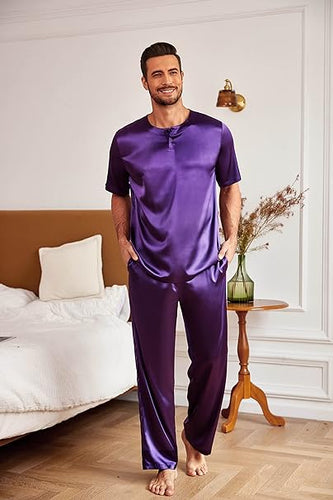 Men's Purple Satin Silk Short Sleeve Shirt & Pants Pajamas Set