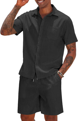 Men's Black Linen Drawstring Casual Short Sleeve Shorts Set