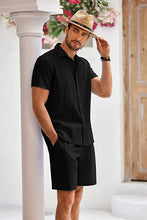 Load image into Gallery viewer, Men&#39;s Black Linen Casual Short Sleeve Shorts Set