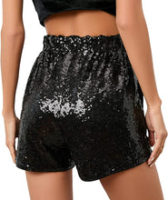Load image into Gallery viewer, High Waist Gold Sequin Drawstring Stretch Glitter Shorts