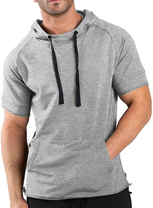 Men's Casual Sports Black Drawstring Short Sleeve Hoodie