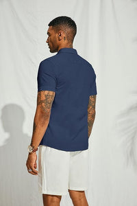 Men's Cuban Style Striped Short Sleeve Royal Blue Shirt