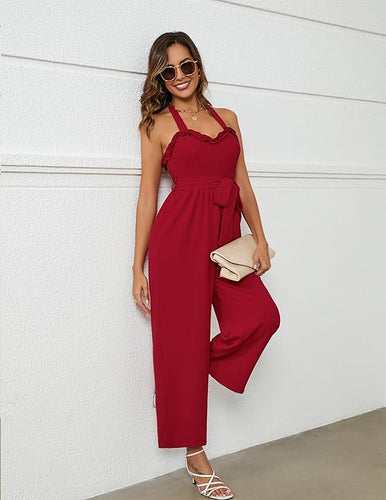 Red Ruffled Halter Style Jumpsuit